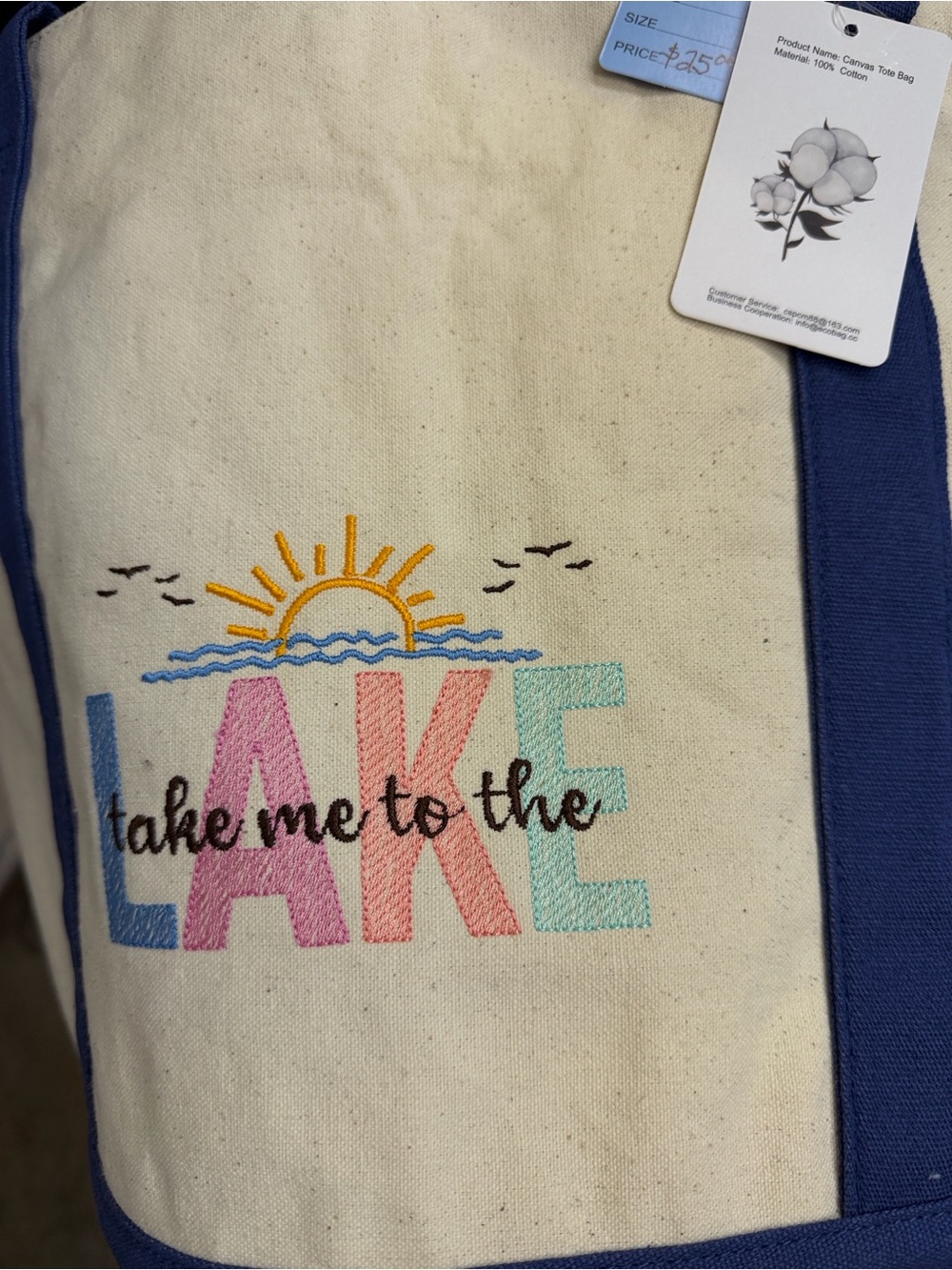 'Take Me to the Lake' Canvas Tote Bag in Navy and Natural